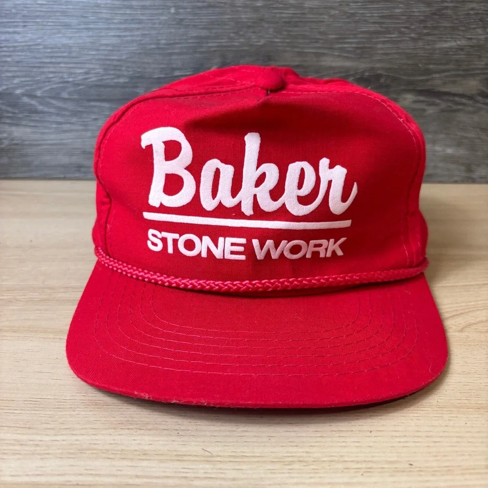 Vintage‎ Baker Stone Work Hat Cap Snap Back Black Red Outdoors 90s